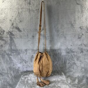 Lucky Brand Crossbody Shoulder Bucket Bag Nubuck Leather Tan Drawstring Tassels